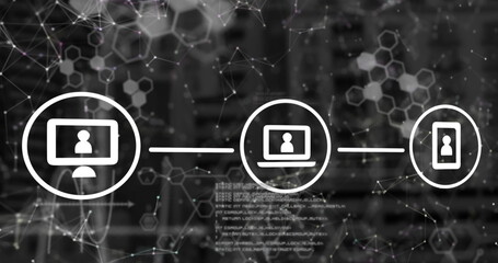 Aufkleber - Linking white laptop icon in network, with desktop and phone icons lines nodes hex patterns code
