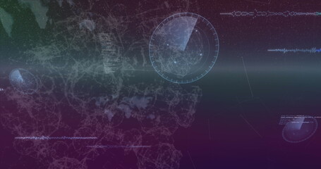 Fototapete - Displaying circular radar interface over network mesh and data lines in virtual display, copy space