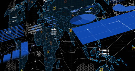 Poster - Showing futuristic world map presenting 3D data visuals in analytics interface, with neon panels