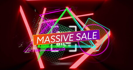 Poster - Displaying neon-framed MASSIVE SALE text glowing on digital banner, with neon geometric shapes