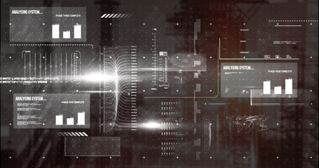 Poster - Displaying data panel showing bar charts, code snippets and vertical data flow in virtual dashboard