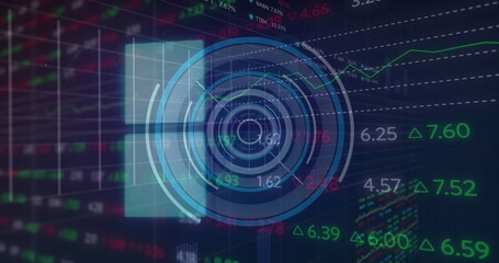 Poster - Displaying circular data HUD overlay on finance screen, with stock ticker symbols and line graph