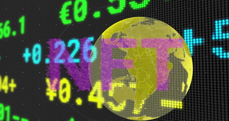 Poster - Displaying large pink NFT letters over yellow globe on digital display, with scrolling tickers