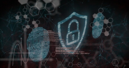 Poster - Displaying padlock icon on digital interface, with glowing fingerprint scans and hex patterns