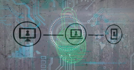 Poster - Showing fingerprint with overlaid laptop and lock in network security, with desktop and phone icons