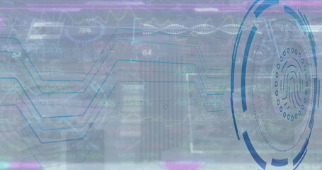 Poster - Circular fingerprint icon hovering over control interface, with holographic charts, copy space