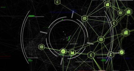 Poster - Displaying circular HUD interface over virtual network, featuring neon green icons, currency charts