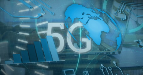 Poster - Floating 5G concept graphic on digital dashboard, with stylized globe and signal bars