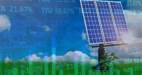 Poster - Rotating solar panel on tracking mount in grassy field, with financial data overlays, copy space