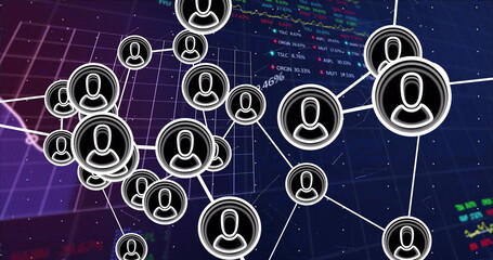 Poster - Displaying network visualization connecting user icons over digital grid, with market data overlay