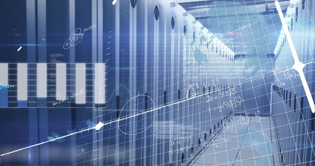 Poster - Stretching server racks down server corridor, with LED lights, network cables, digital overlays