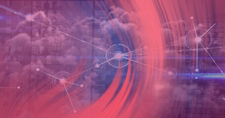Poster - Forming network with white nodes and thin lines on grid with cloud shapes on pink-purple background