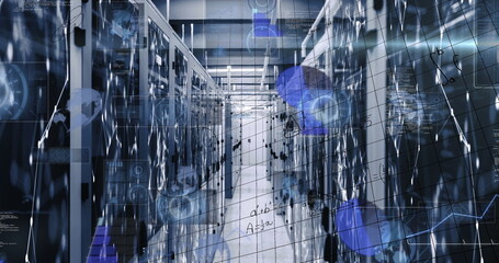 Poster - Showing central aisle stretching into distance in data center room, with server racks and overlays