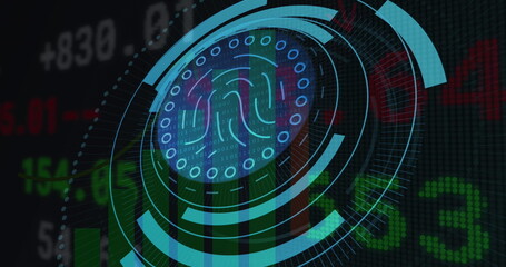 Poster - Displaying fingerprint icon circulating within concentric rings on dark grid, with green-red data