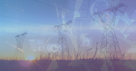 Poster - Standing three transmission towers over rural grassland at sunrise, with holographic data visuals