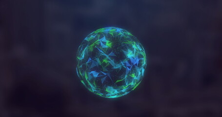 Poster - Floating glowing faceted sphere spinning in digital void, with illuminated lines and particles