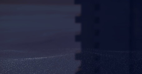 Poster - Flowing undulating white particle field across horizon in digital realm, with monolithic structure