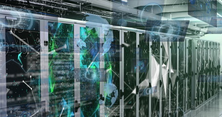 Poster - Projecting holographic nodes above server cabinets inside data center aisle, with blinking LEDs
