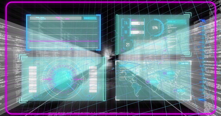 Poster - Displaying four holographic panels floating over 3D grid, with data streams and magenta frame