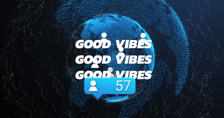 Poster - Rotating blue node and line globe in network space, with GOOD VIBES overlay plus user badge