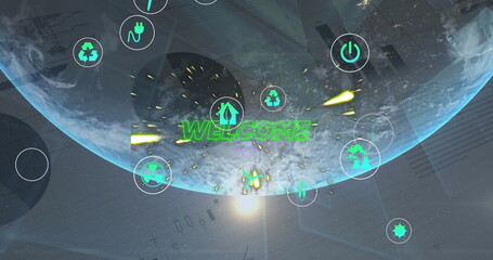 Poster - Displaying Earth under glowing green WELCOME text over holographic interface, with eco icons
