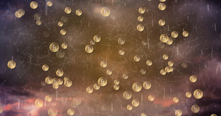Poster - Floating golden bitcoin coins connecting with glowing network nodes in stormy sky with rain streaks