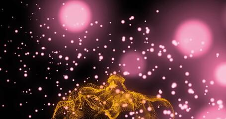Poster - Emerging glowing yellow mesh structure animating stylized digital space, with pink bokeh particles