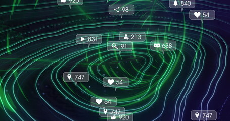 Poster - Displaying 3D neon contour network twisting in dark virtual space, with floating heart icons