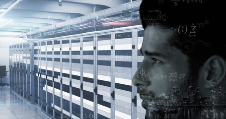 Poster - IT engineer monitoring racks in datacenter with floating formulas over skyline graphic, copy space