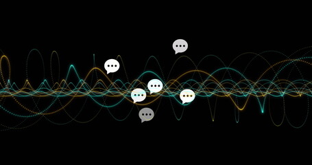 Poster - Displaying teal yellow white waveforms oscillating in dark digital space with speech bubble icons