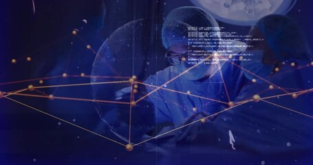 Poster - Surgeon operating under medical lamp, 3D globe appearing animating code nodes visualizing data