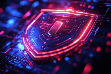 Aufkleber - Cybersecurity shield symbol illuminated in vibrant red and blue, representing protection in digital landscapes, with a futuristic background