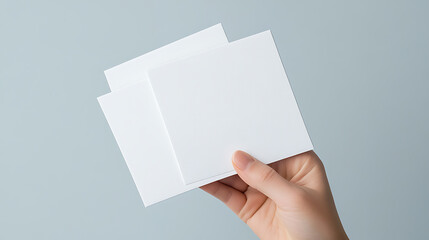 Aufkleber - Hand holding three white square papers against a light blue background. Simple, clean, minimalist shot, mockup, display.