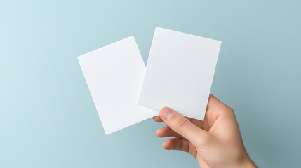 Aufkleber - Hand holding two blank white cards against a blue background, offering space for messages, notes, or creative designs. Perfect for mockups!