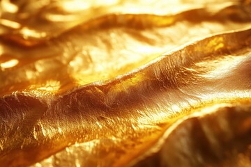 Poster - Shimmering golden fabric folds catching light, creating a luxurious and vibrant texture in a close-up view