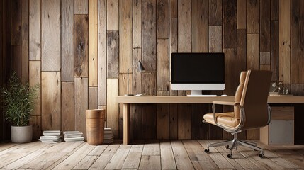Poster - Elegant Relaxed Home Office with Desktop PC and Warm Wooden Walls