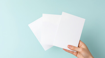 Aufkleber - Hand holding three blank white cards against a light blue background, ideal for message or design overlay; promotion of creativity and communication.