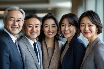Poster - Professional young adults in suits pose confidently together at a modern office during a corporate event, showcasing teamwork and networking