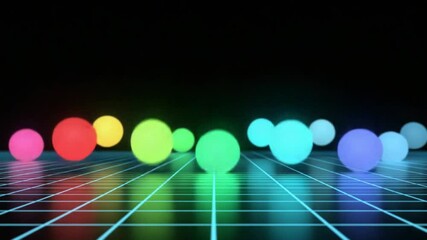 Wall Mural - colorful spheres on a grid with neon glow, futuristic 3d animation