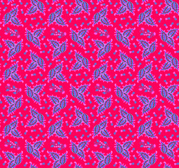 Wall Mural - Fabulous nettle leaves, branches with berries and buds, tiny heart-shaped flowers on a crimson background. Seamless vintage pattern. Beautiful boho print for fabric. Folklore motifs.