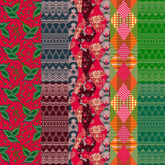 Wall Mural - Bright colorful seamless patchwork pattern of vertical stripes with flowers, leaves, paisley, abstract and geometric ornaments. Boho print for fabric.
