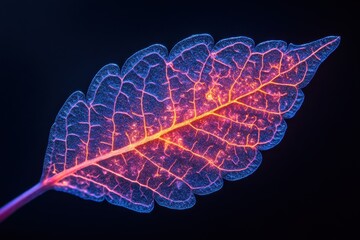 Poster - Intricate details of a leaf illuminated in vibrant colors against a dark background showcasing nature's beauty and complexity