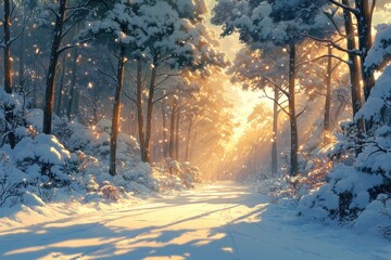 Poster - Winter landscape with sun setting through snow-covered trees in a tranquil forest at dusk