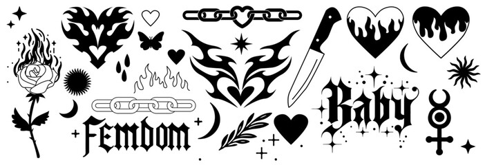 Wall Mural - Tattoo vector elements set in 1990s - 2000s style. Rose, butterfly, gothic inscriptions, fire flame, chain, heart and other elements in trendy hand drawn style.