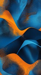 Fototapete - Abstract blue and orange digital waves with halftone pattern for modern design