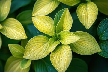 Poster - Close-up view of vibrant green leaves with droplets of water, highlighting natural beauty and texture in a tranquil garden setting