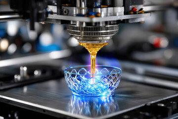 Poster - Advanced technology pouring liquid into a clear bowl in a modern manufacturing facility