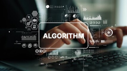 Poster - Business Professional Analyzing Data with Digital Algorithm Overlay on Modern Laptop for Technology or Finance Concept. Asymptotic smart data analytic.