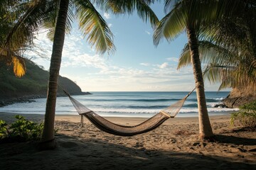 Poster - Relaxing hammock between palm trees on a serene beach with gentle waves and a clear sky in the background during midday sun