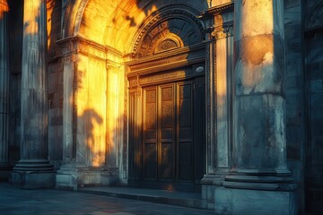 Poster - Intricate door and columns illuminated by warm sunlight in an ancient architectural setting near a historic site during golden hour
